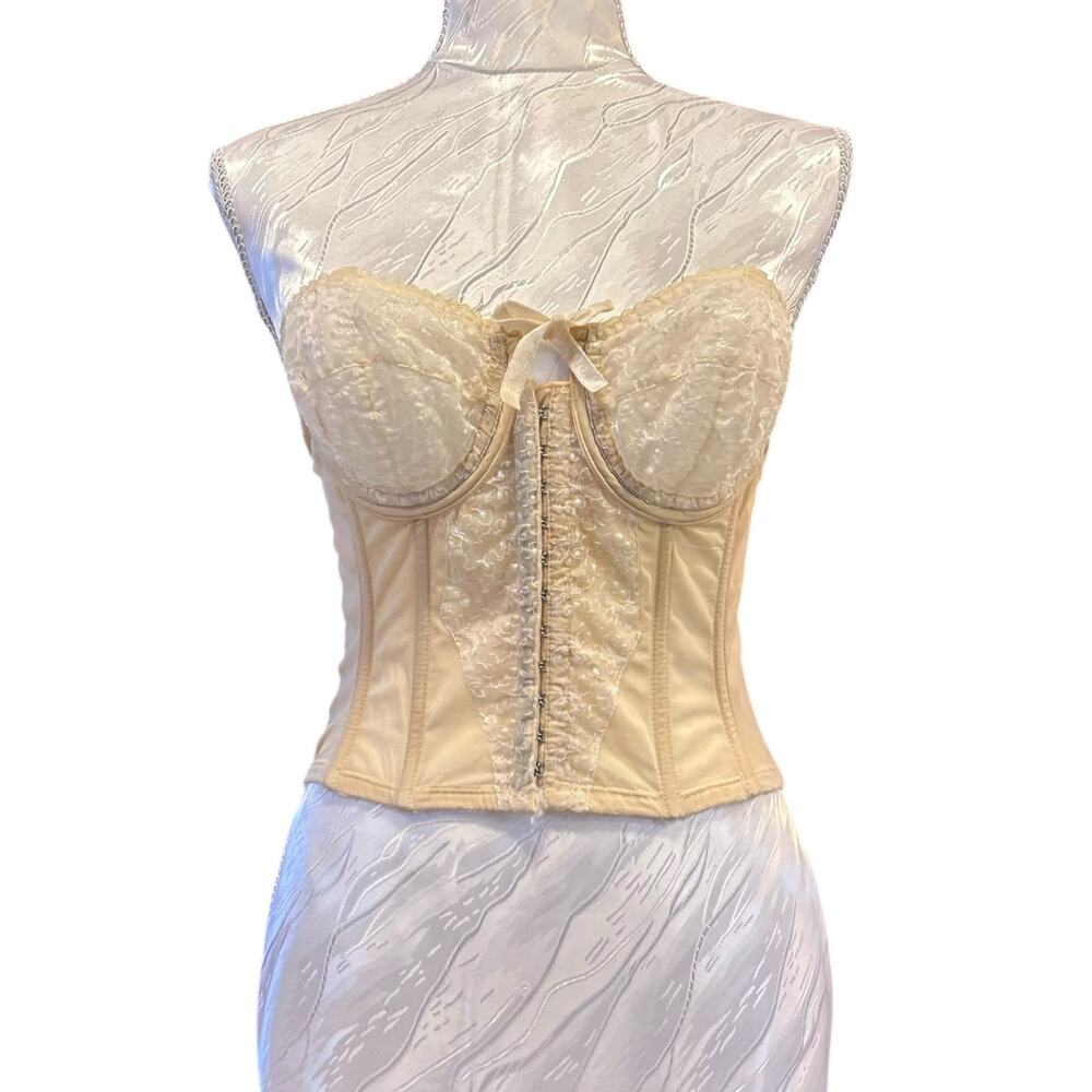Vintage Ivory Lace Bustier Corset Ribbed Sheer Bridal Lingerie Sz 30B Victorian